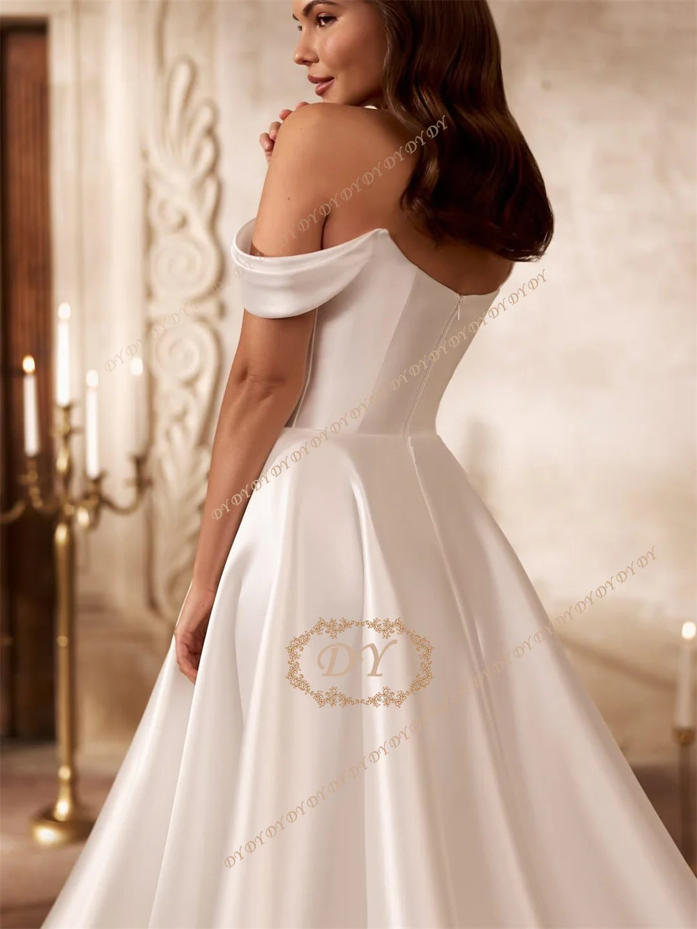 DY Elegant Soft Satin A-Line Wedding Dress Ivory Off-the-Shoulder Side Split Bridal Gown with Court Train Customized
DY Elegant Soft Satin A-Line Wedding Dress Ivory Off-the-Shoulder Side Split Bridal Gown with Court Train Customized