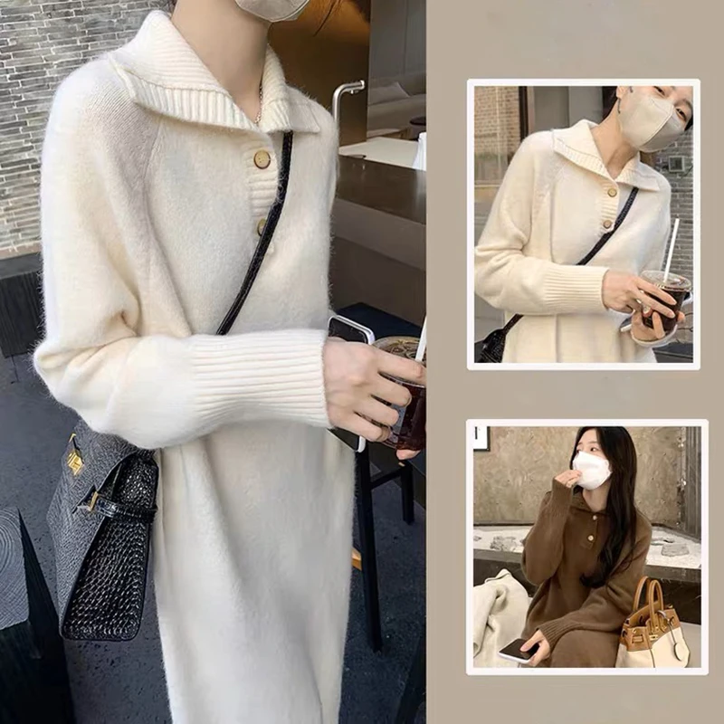 Women Autumn Knitted Dress Korean Polo Lapel Loose Casual Elastic Oversized Basic Sweater Dress Winter Knit Warm Long Dresses
Women Autumn Knitted Dress Korean Polo Lapel Loose Casual Elastic Oversized Basic Sweater Dress Winter Knit Warm Long Dresses