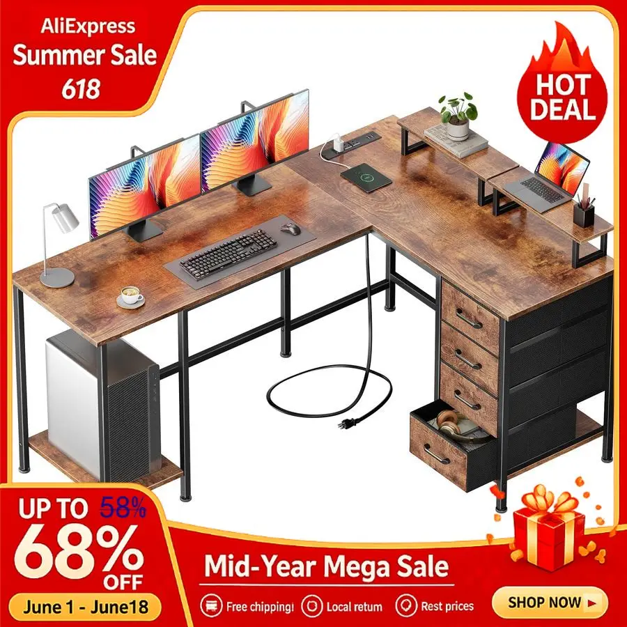 59 inch L Shaped Computer Desk with Power Outlets, Home Office Desk with 4 Adjustable Storage Drawers 2 Monitor Stands, Custom
59 inch L Shaped Computer Desk with Power Outlets, Home Office Desk with 4 Adjustable Storage Drawers 2 Monitor Stands, Custom