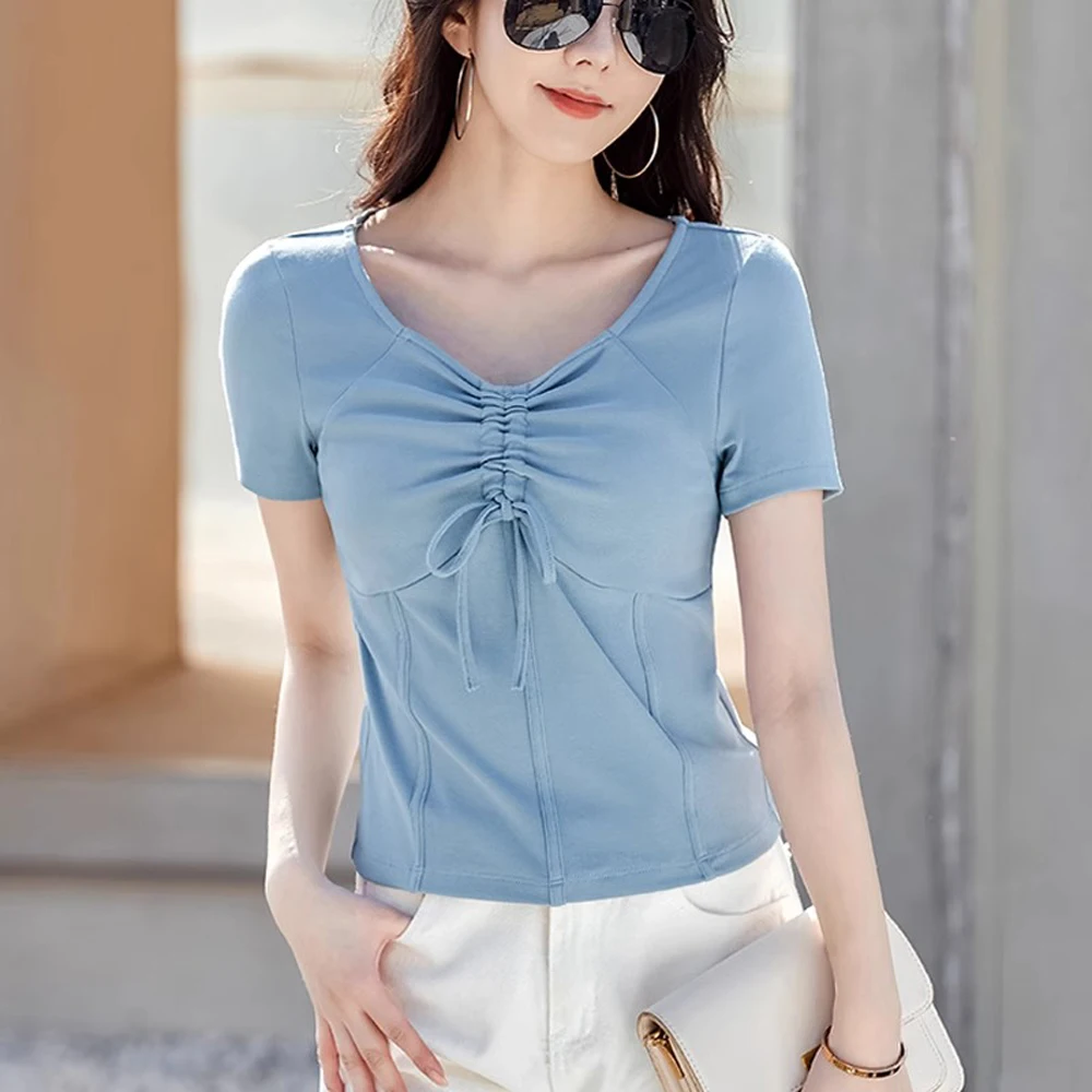 European style pure cotton short sleeved t-shirt women's summer new fashion pleated drawstring slim fit fishbone short casual to
European style pure cotton short sleeved t-shirt women's summer new fashion pleated drawstring slim fit fishbone short casual to