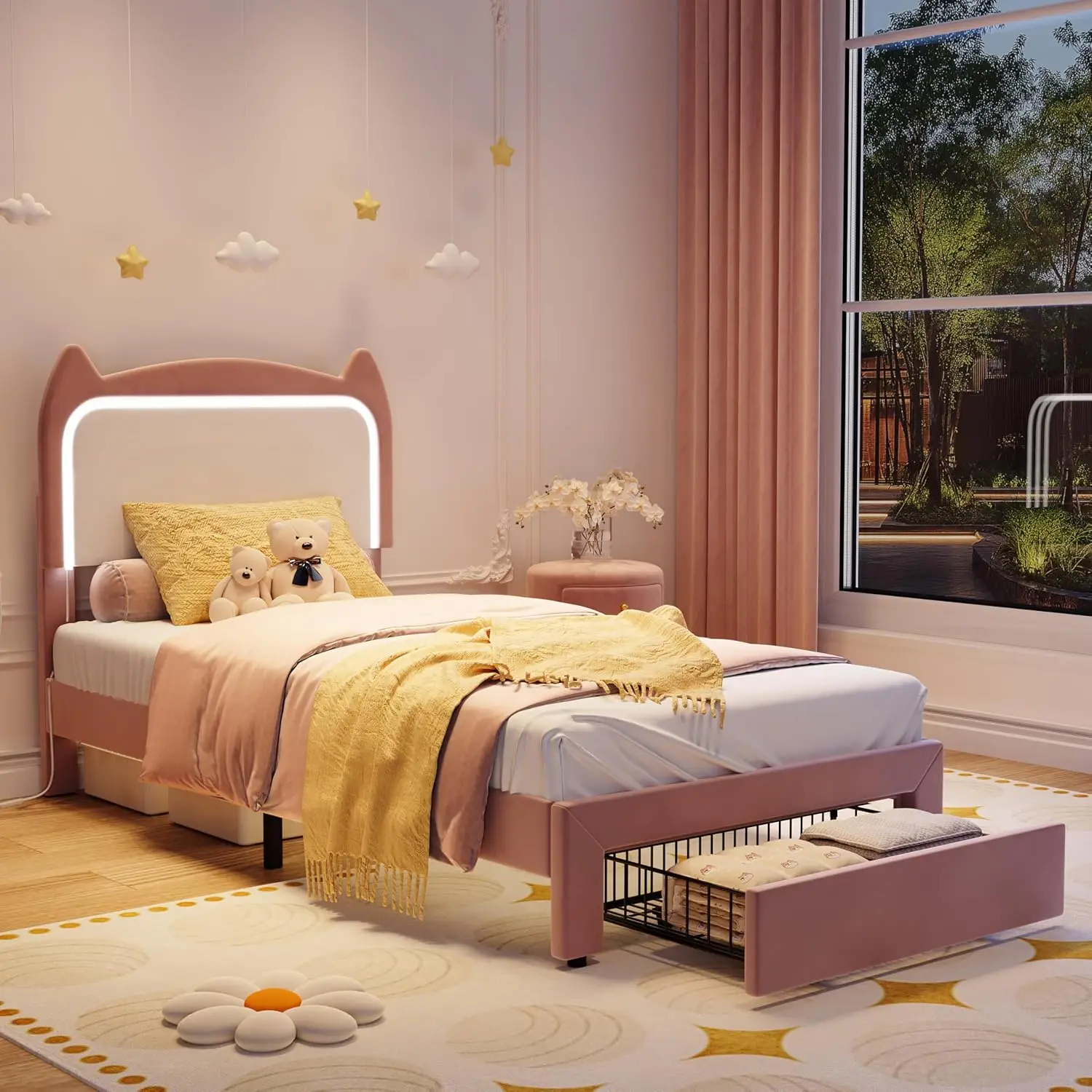Twin LED Upholstered Bed Frame with Storage & Cat Headboard Velvet Platform Wood Slats for Girls Kids No Box Spring Pink Customi
Twin LED Upholstered Bed Frame with Storage & Cat Headboard Velvet Platform Wood Slats for Girls Kids No Box Spring Pink Customi
