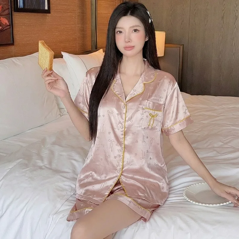French Luxury Bow Embroidery Pajamas Set for Women Summer New Short Sleeve & Shorts Women's Pajamas 2 PCS Sleepwear Casual
French Luxury Bow Embroidery Pajamas Set for Women Summer New Short Sleeve & Shorts Women's Pajamas 2 PCS Sleepwear Casual