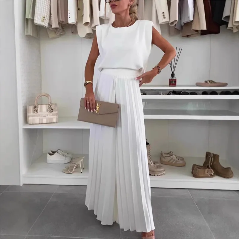 2025 New Summer Fashion Set Casual Sleeveless Tops+Fashionable Folds Wide Leg Pants Two Piece Sets Office Ladies Work Outfits
2025 New Summer Fashion Set Casual Sleeveless Tops+Fashionable Folds Wide Leg Pants Two Piece Sets Office Ladies Work Outfits