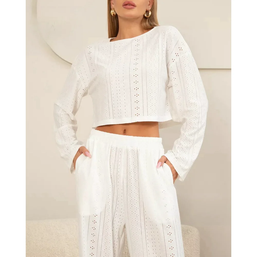 Women Hollow Out Two-Piece Set Outfits Round Neck Drop Long Sleeve Pullover Top and Pants Set Summer Women's Fashion Home wear
Women Hollow Out Two-Piece Set Outfits Round Neck Drop Long Sleeve Pullover Top and Pants Set Summer Women's Fashion Home wear