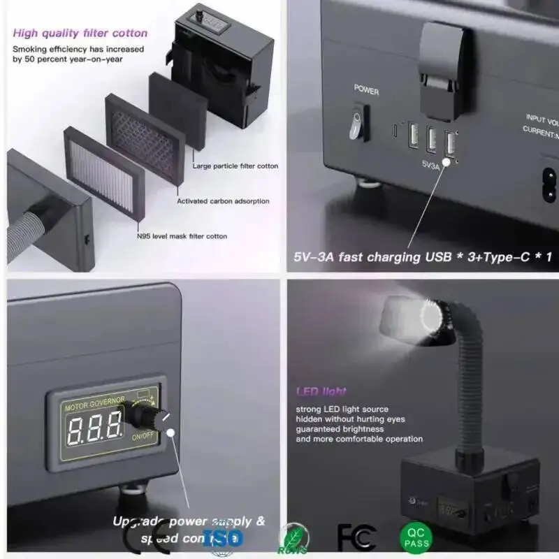 Soldering Smoke Absorber ESD Fume Extractor LED Light Activated Carbon filter Sponge Solder Smoking Instrument 220v/110V ZJ-802S
Soldering Smoke Absorber ESD Fume Extractor LED Light Activated Carbon filter Sponge Solder Smoking Instrument 220v/110V ZJ-802S