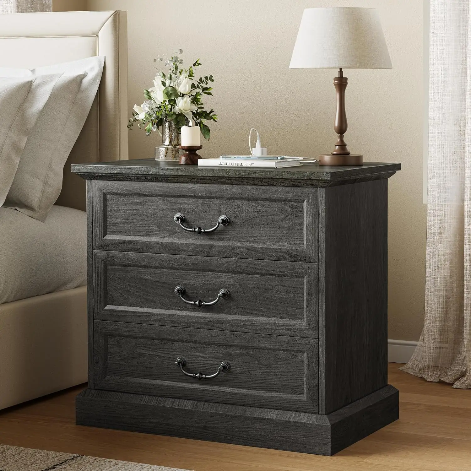 Nightstand with Charging Station, 3 Drawer Night Stand, 22 Inch Wider Side Table with Storage, Farmhouse Nightstand with Vint
Nightstand with Charging Station, 3 Drawer Night Stand, 22 Inch Wider Side Table with Storage, Farmhouse Nightstand with Vint