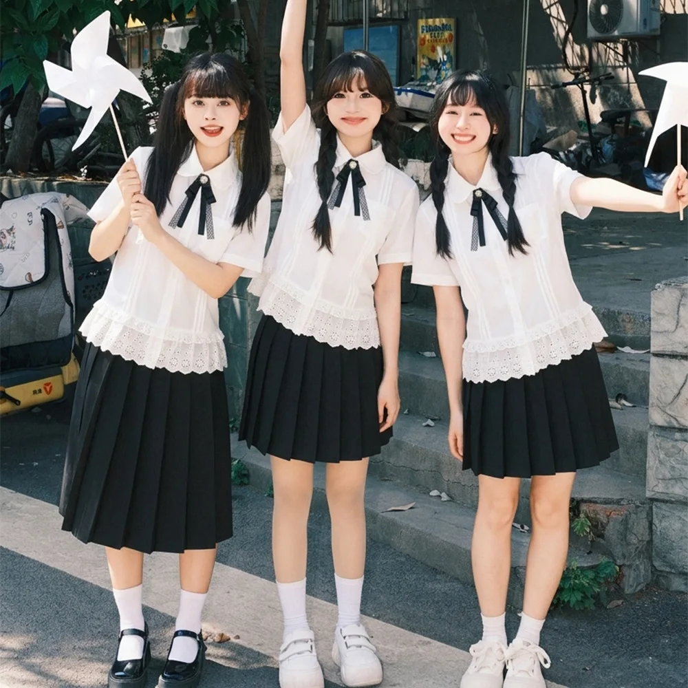 Women's Preppy College Style JK Uniform Set, Short Sleeve Lace Shirt & Pleated Skirt, For Class, Graduation & Daily Student Wear
Women's Preppy College Style JK Uniform Set, Short Sleeve Lace Shirt & Pleated Skirt, For Class, Graduation & Daily Student Wear