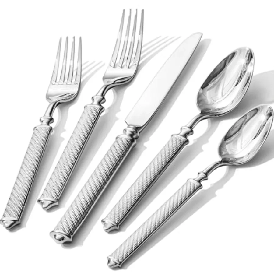 Retro Rope-Pattern Silverware Set 40-Piece Flatware Set Cutlery Set Forged with Handcrafted Texture Handles 18/10 Stainless Ste