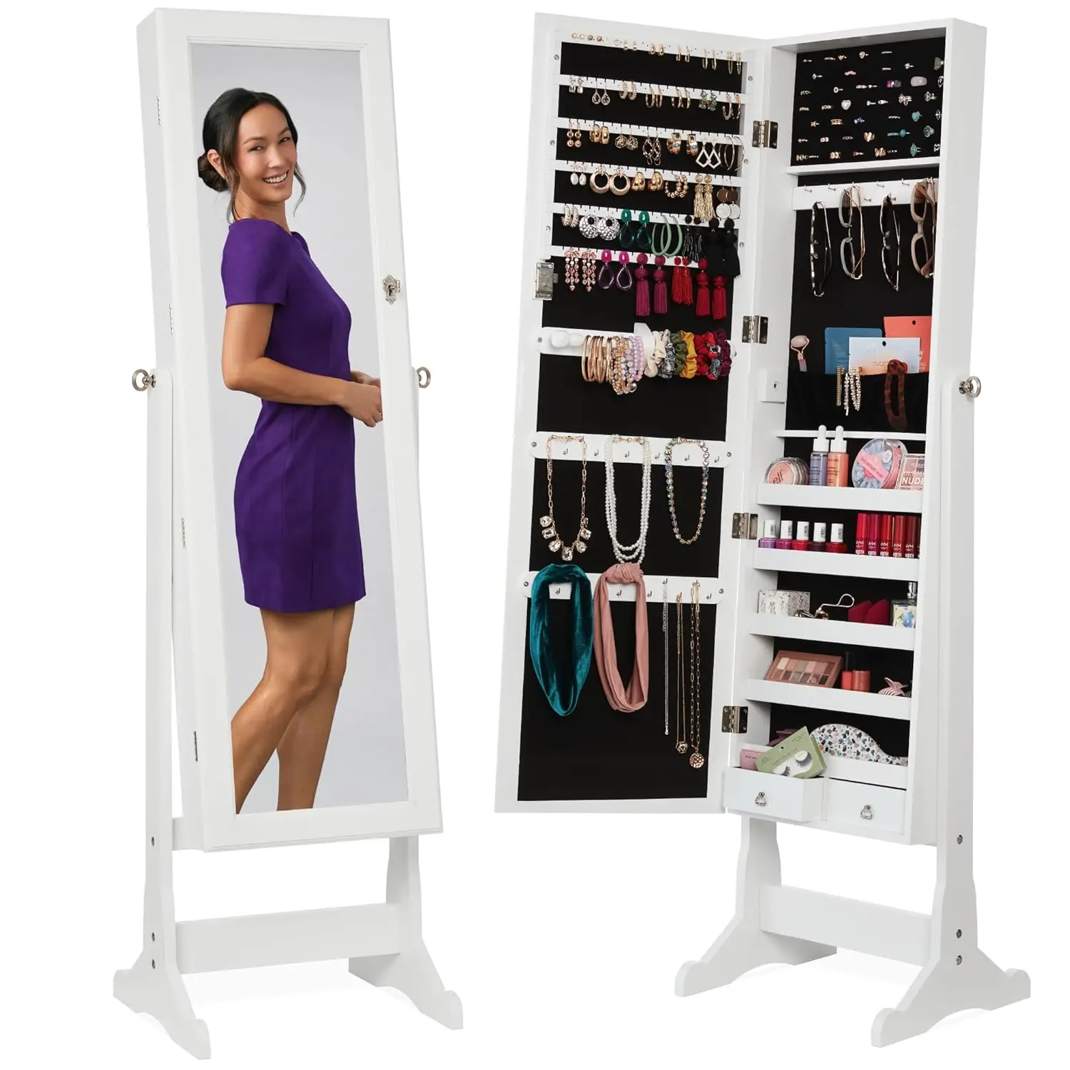 Freestanding Jewelry Armoire Cabinet, Full Length Standing Mirror, Lockable Makeup Storage Organizer, w/Velvet Lining,, Custom
Freestanding Jewelry Armoire Cabinet, Full Length Standing Mirror, Lockable Makeup Storage Organizer, w/Velvet Lining,, Custom