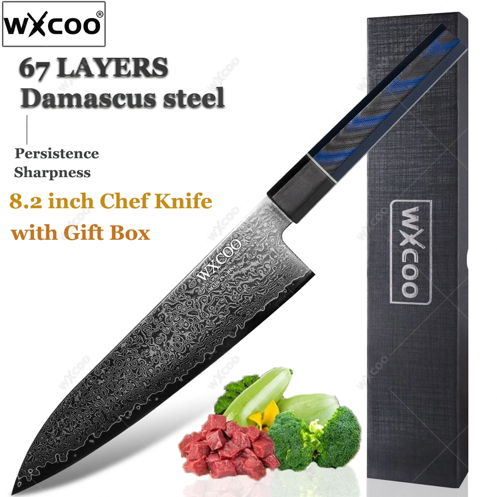 WXCOO 8.2 Inch Chef Knife Japanese Meat Cleaver 67 Layers Damascus Steel Kitchen Knives VG10 Core Gyuto Knife Home Cooking Tools 
WXCOO 8.2 Inch Chef Knife Japanese Meat Cleaver 67 Layers Damascus Steel Kitchen Knives VG10 Core Gyuto Knife Home Cooking Tools