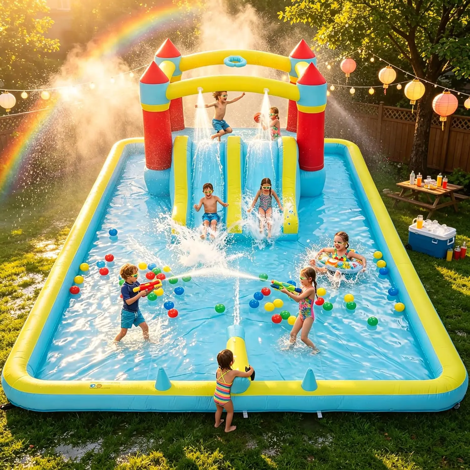 14ft x 11.4ft Inflatable Water Slide Bounce House with 350W Blower, 7-in-1 Blow up Water Slides for Backyard, Indoor Outdoor Bouncy Castle for Children, Large Jump House Water Park Fun
14ft x 11.4ft Inflatable Water Slide Bounce House with 350W Blower, 7-in-1 Blow up Water Slides for Backyard, Indoor Outdoor Bouncy Castle for Children, Large Jump House Water Park Fun