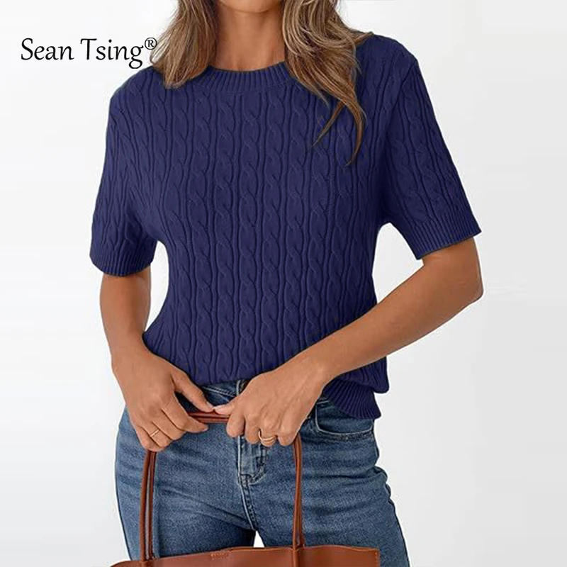 College Style Navy Twisted Stripe Short Sleeve Sweater Pink Round Neck Knitted Sweaters Women Slim Fit Tops Autumn And Winter 
College Style Navy Twisted Stripe Short Sleeve Sweater Pink Round Neck Knitted Sweaters Women Slim Fit Tops Autumn And Winter