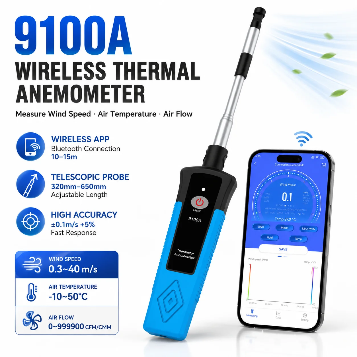 HOLDPEAK Wireless Thermal Anemometer Bluetooth Wind Speed Meter Telescopic Probe Air Flow Temperature Tester Type-C Rechargeable
HOLDPEAK Wireless Thermal Anemometer Bluetooth Wind Speed Meter Telescopic Probe Air Flow Temperature Tester Type-C Rechargeable