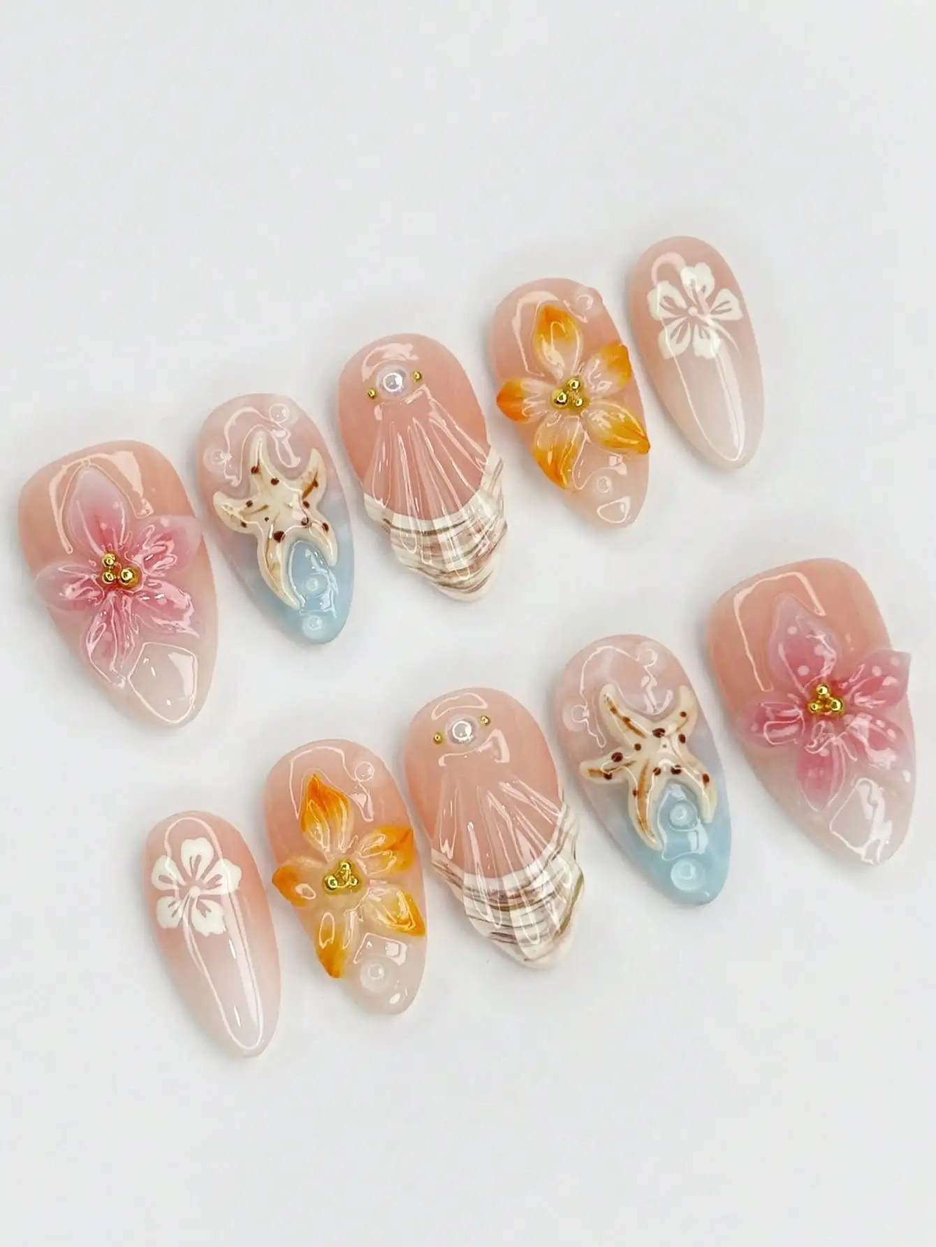 30pcs Ocean Style Almond Shaped Acrylic Nail Stickers With 3D Starfish, Seashell & Floral Patterns, Pearlescent Metallic Decorative Glossy Full Cover False Nails, Suitable For Women & Girls Summer Beach Holiday Daily Wear
30pcs Ocean Style Almond Shaped Acrylic Nail Stickers With 3D Starfish, Seashell & Floral Patterns, Pearlescent Metallic Decorative Glossy Full Cover False Nails, Suitable For Women & Girls Summer Beach Holiday Daily Wear