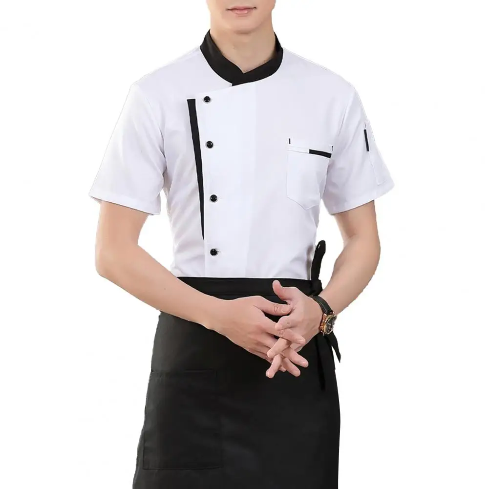 Chef Uniform Apron Set Stand Collar Short Sleeve Breathable Kitchen Jacket Pocket Patchwork Color Kitchen Staff Clothing Chef Ap
Chef Uniform Apron Set Stand Collar Short Sleeve Breathable Kitchen Jacket Pocket Patchwork Color Kitchen Staff Clothing Chef Ap