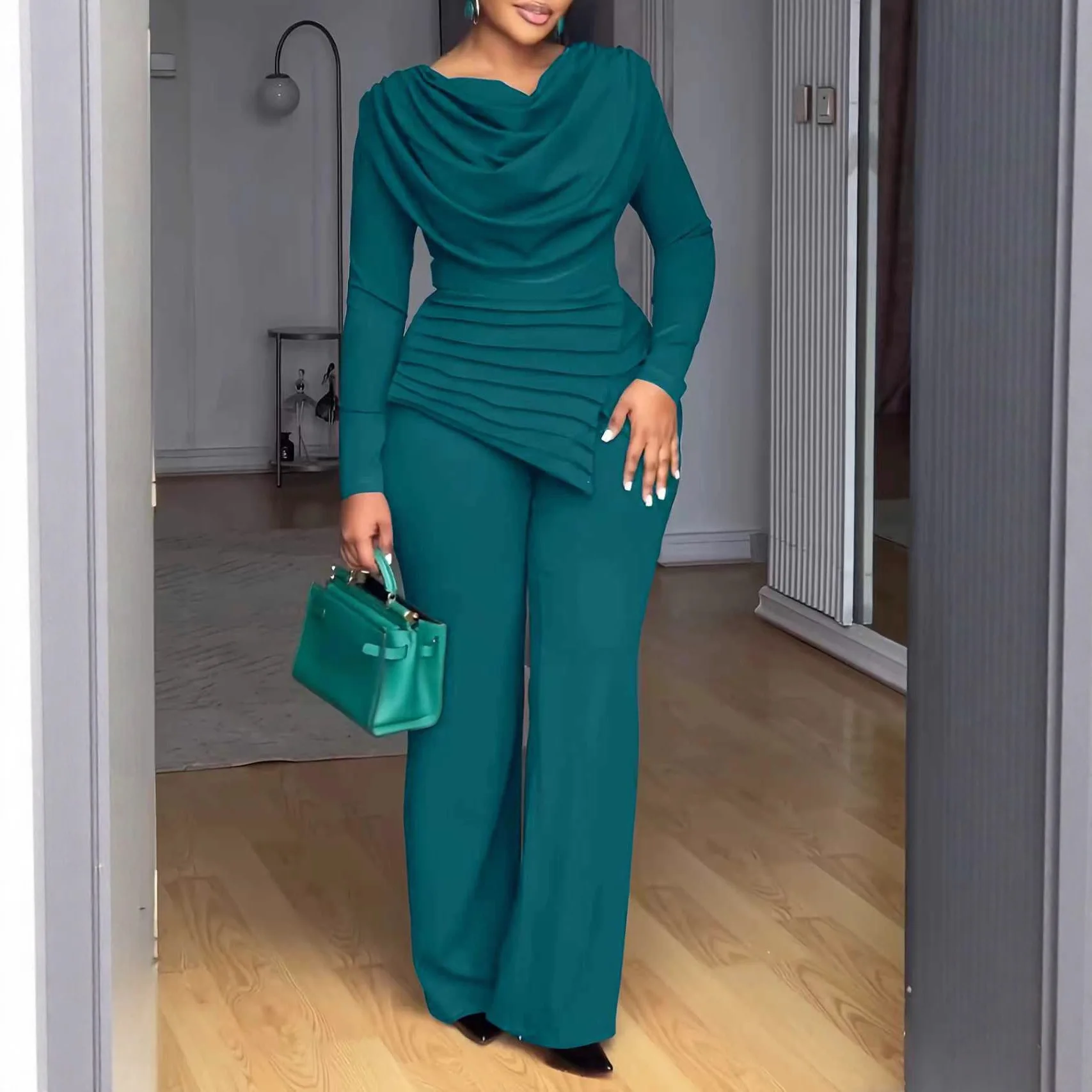 Women's Matching Sets Waist Top Bell Bottom Pants Fashionable Casual Suit Swing Neck solid color long sleeves Elegant Office
Women's Matching Sets Waist Top Bell Bottom Pants Fashionable Casual Suit Swing Neck solid color long sleeves Elegant Office