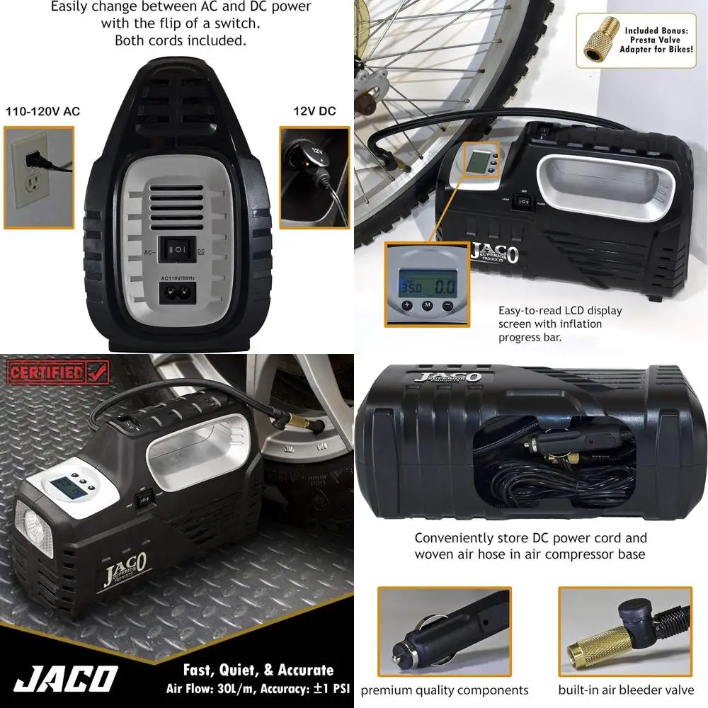 JACO SmartPro 2.0 AC/DC Digital Tire Inflator Pump - Automatic Portable Air Compressor - 100 PSI (12V DC, 110-120V AC)
JACO SmartPro 2.0 AC/DC Digital Tire Inflator Pump - Automatic Portable Air Compressor - 100 PSI (12V DC, 110-120V AC)