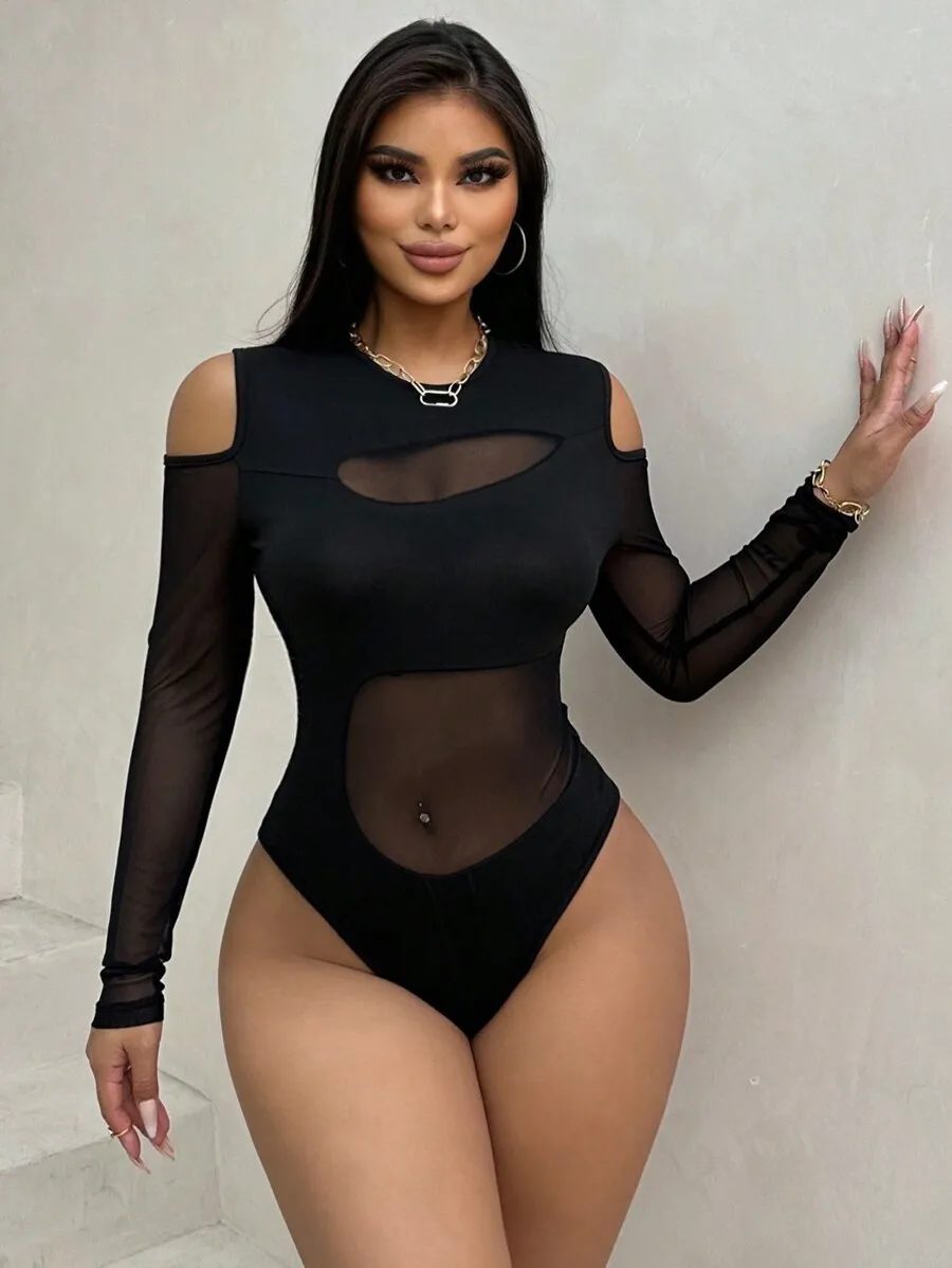 Black Cold Shoulder Long Sleeve Mesh Cutout Bodysuit for Women
Black Cold Shoulder Long Sleeve Mesh Cutout Bodysuit for Women
