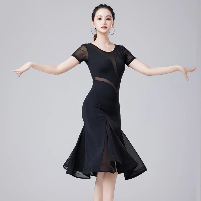 Latin Dance Practice Clothes Short Sleeve Dress Black Mesh Splicing Dresses Tango Dance Performance Women Rumba Costumes AMY2070
Latin Dance Practice Clothes Short Sleeve Dress Black Mesh Splicing Dresses Tango Dance Performance Women Rumba Costumes AMY2070