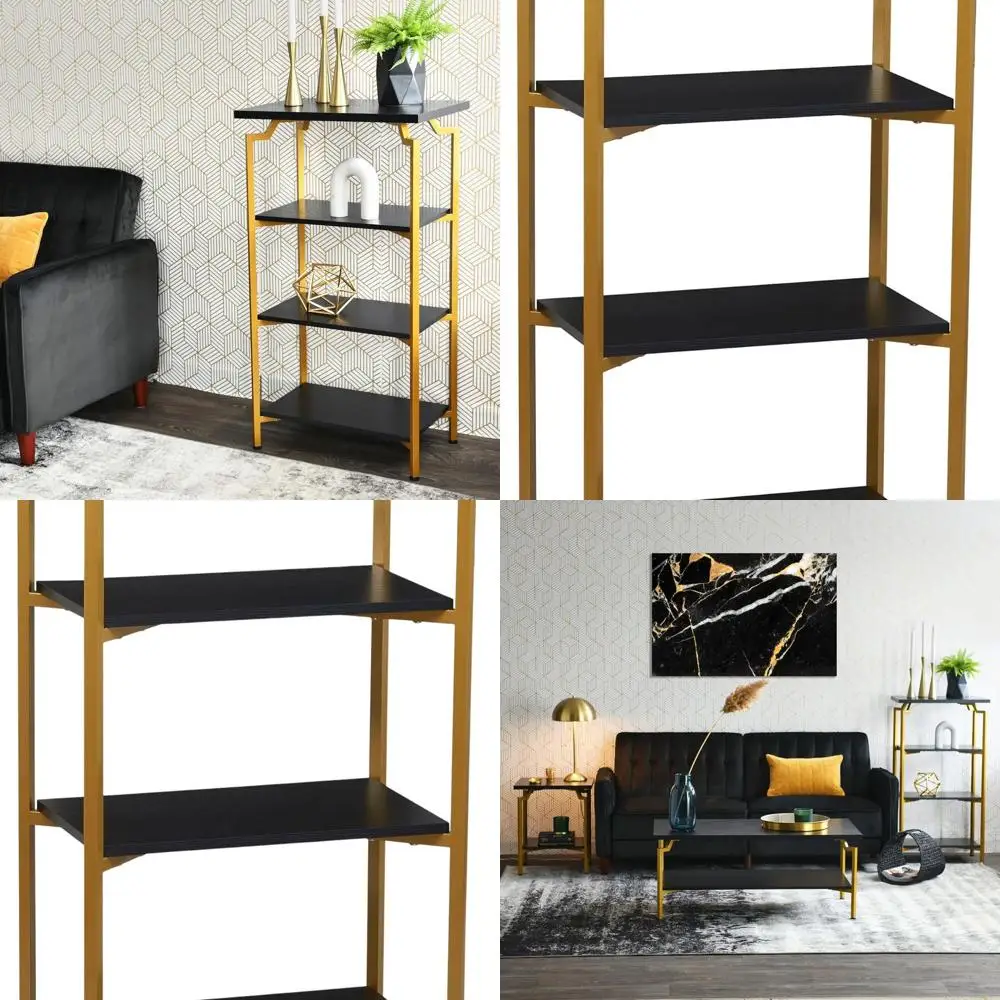 4-х уровневая открытая книжная полка из черного дуба и золотого металла — узкое хранилище Crown
4-х уровневая открытая книжная полка из черного дуба и золотого металла — узкое хранилище Crown