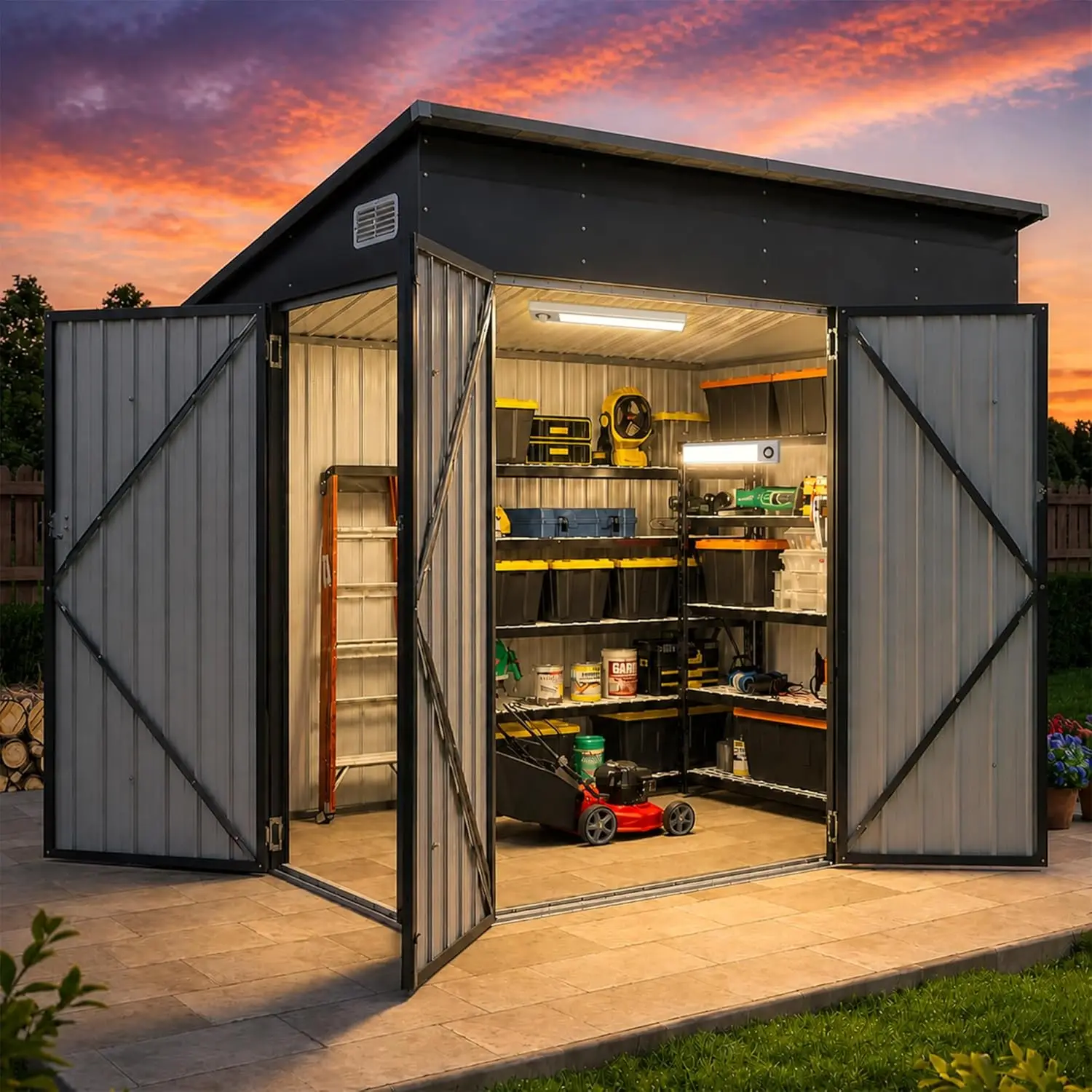 7.5x4 Triple Door Metal Outdoor Storage Shed with Magnetic Sensor Light Sloping Roof Tool Bike Garden Backyard, Customized
7.5x4 Triple Door Metal Outdoor Storage Shed with Magnetic Sensor Light Sloping Roof Tool Bike Garden Backyard, Customized