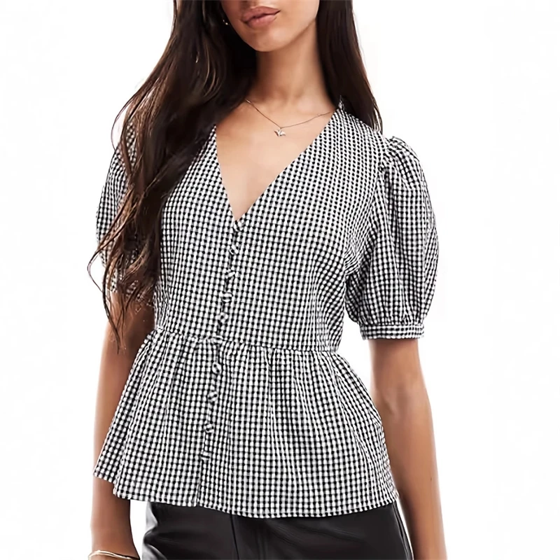 Womens Summer Short Sleeve V Neck Checkered Puff Sleeve Cropped Loose Fit Casual Shirt Tops New Arrival Fashion Blouse
Womens Summer Short Sleeve V Neck Checkered Puff Sleeve Cropped Loose Fit Casual Shirt Tops New Arrival Fashion Blouse