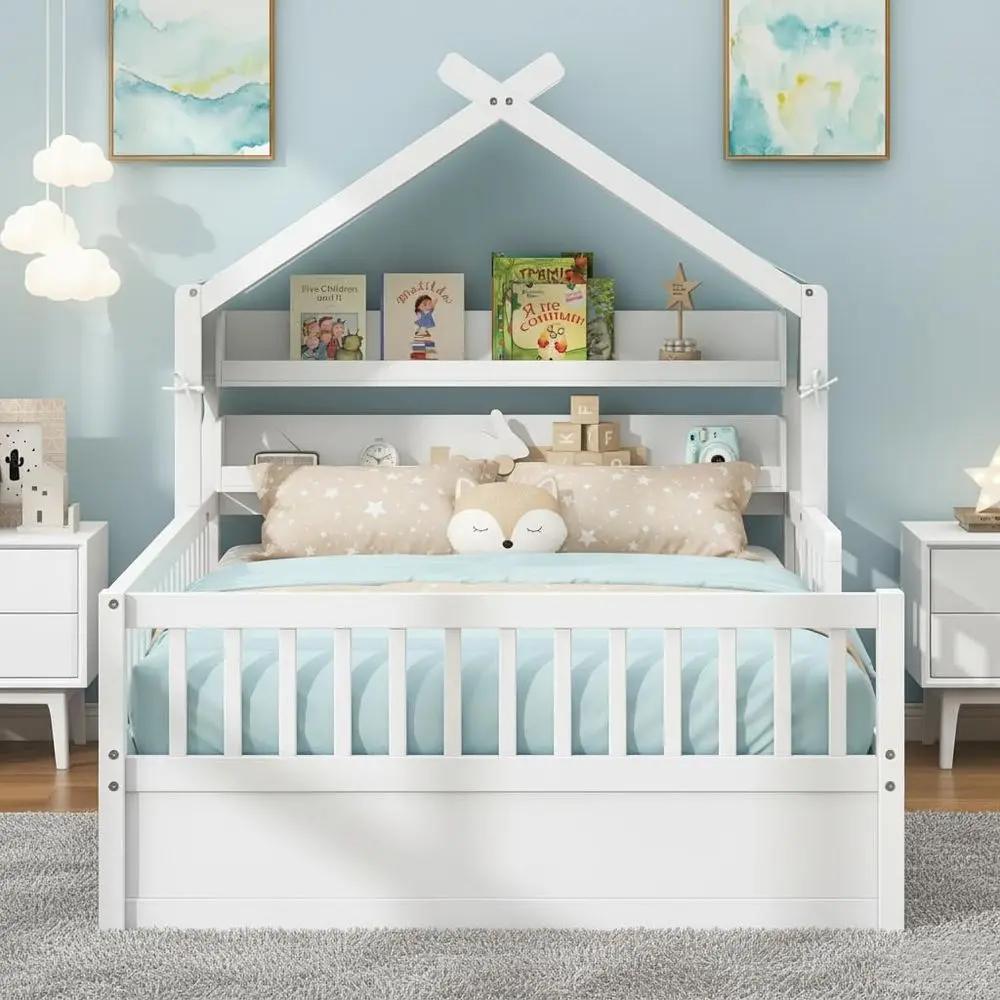 White Wooden Kids Twin Bed with Storage Shelves and Playhouse Design
White Wooden Kids Twin Bed with Storage Shelves and Playhouse Design