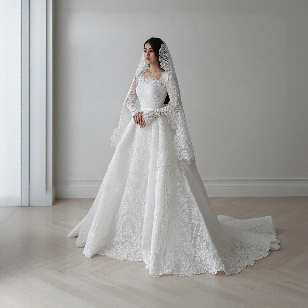Vintage Lace Wedding Dress Applique Square Collar A-Line Tulle Muslim Bride Gowns robe de mariée civil Sweep Train Customized
Vintage Lace Wedding Dress Applique Square Collar A-Line Tulle Muslim Bride Gowns robe de mariée civil Sweep Train Customized