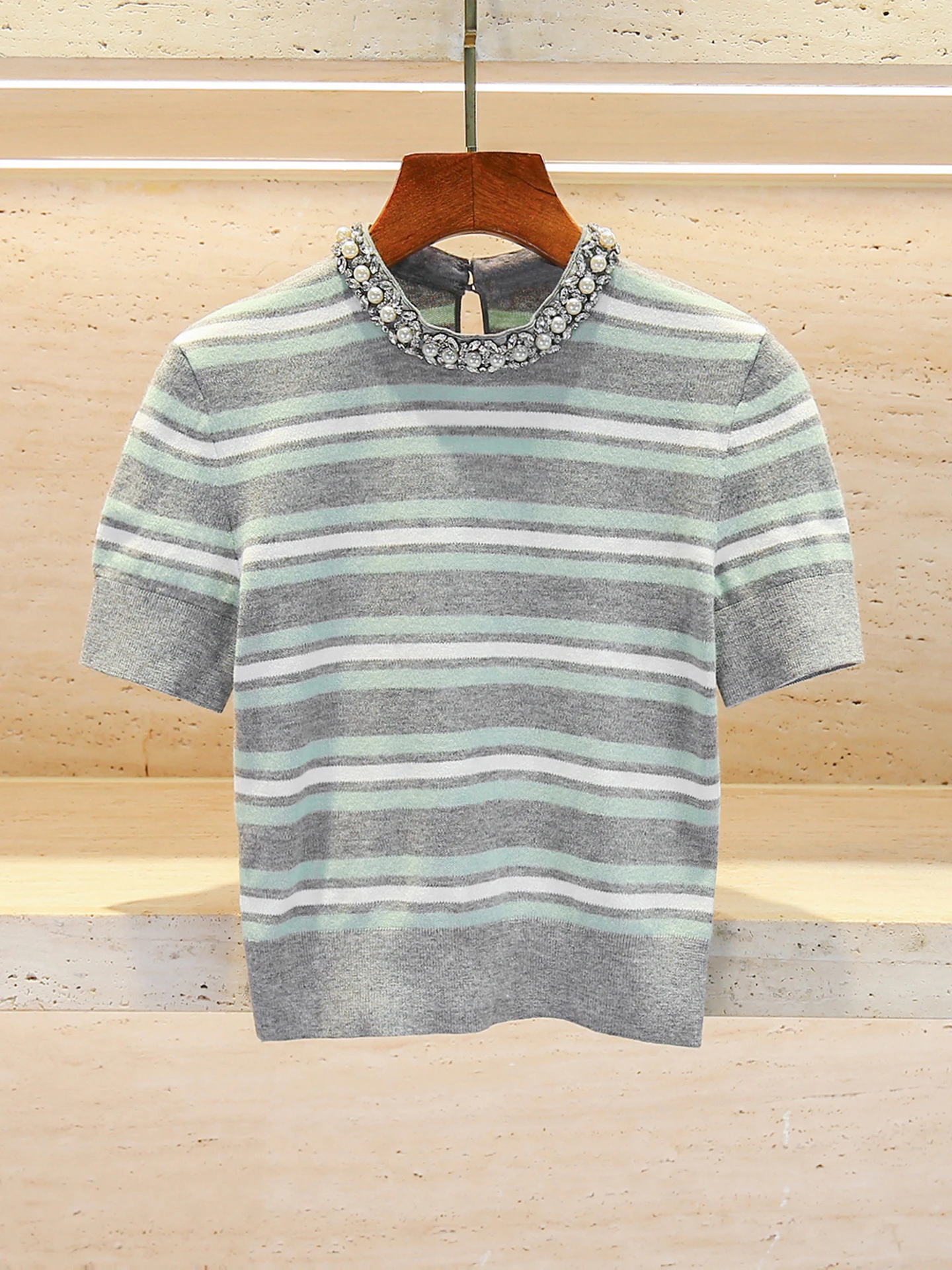 Premium Summer Knitted Top with Pearl And Diamond Embellishments in Horizontal Stripes for Women Elegant Commute Style
Premium Summer Knitted Top with Pearl And Diamond Embellishments in Horizontal Stripes for Women Elegant Commute Style