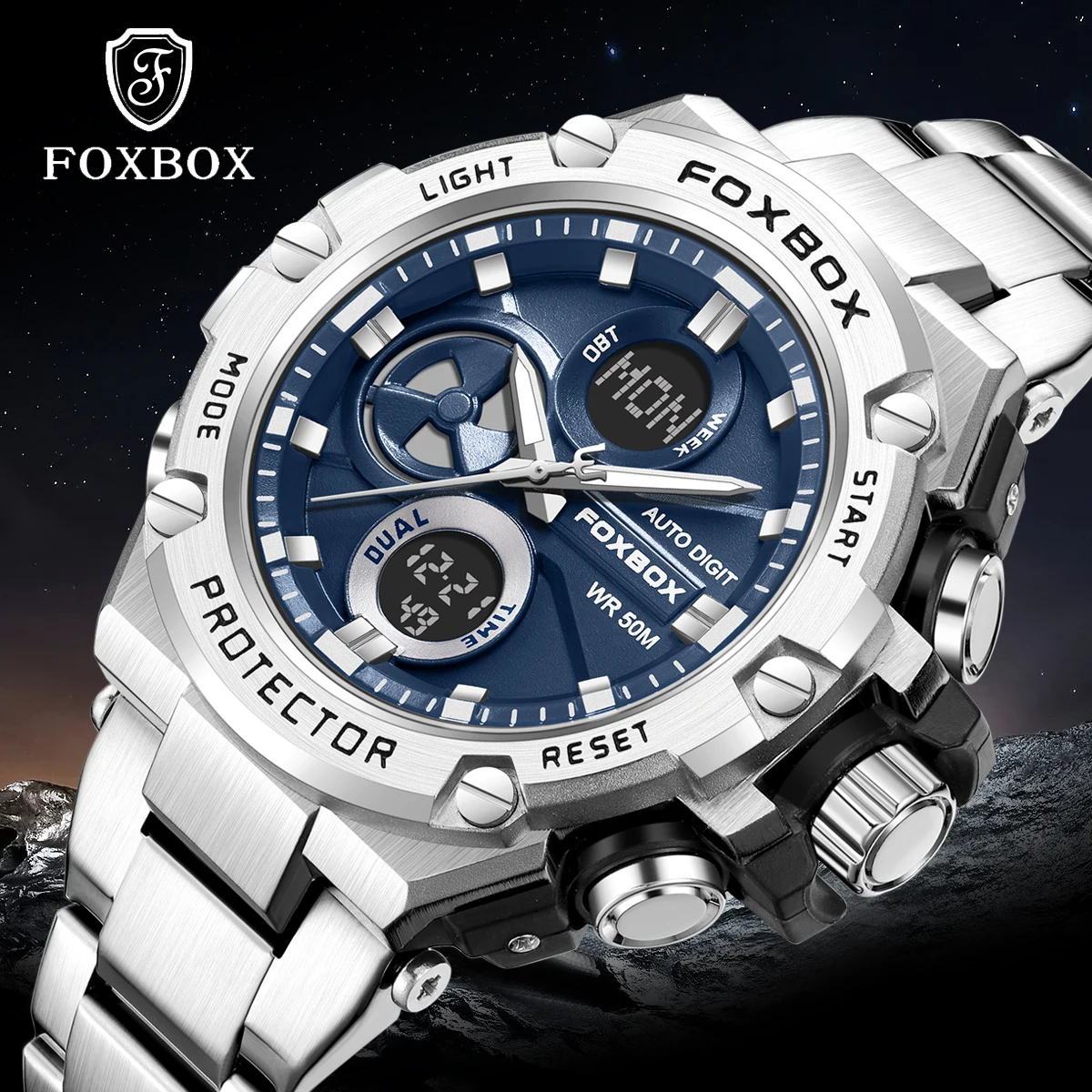 FOXBOX Men Watch Top Brand Luxury Men Quartz Wristwatches Dual Display Watch Waterproof LED Gift for Men Clock Relogio Masculino
FOXBOX Men Watch Top Brand Luxury Men Quartz Wristwatches Dual Display Watch Waterproof LED Gift for Men Clock Relogio Masculino
