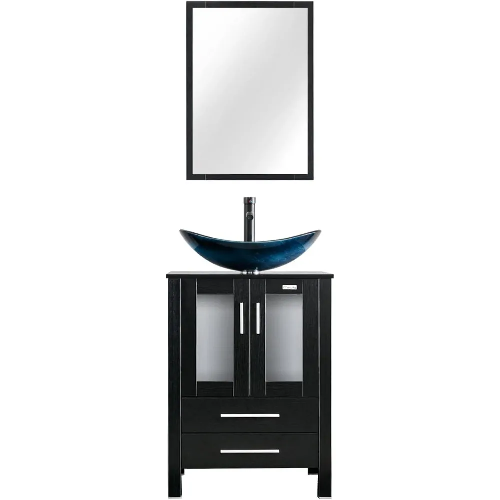 24" Modern Bathroom Vanity Sink Combo Black Stand Cabinet with Blue Boat Tempered Glass Vessel Sink & Water Save Faucet
24" Modern Bathroom Vanity Sink Combo Black Stand Cabinet with Blue Boat Tempered Glass Vessel Sink & Water Save Faucet