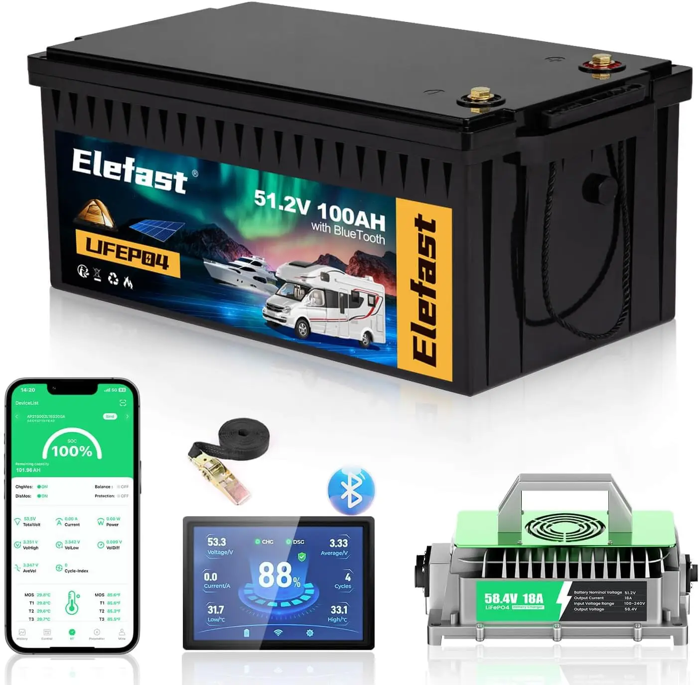 48V 100AH Golf Cart Battery w/ 58.4V 18A Charger& LCD Touch Monitor,Built-in Smart 200A BMS,Peak Current 1000A,for Ezgo,Club Car
48V 100AH Golf Cart Battery w/ 58.4V 18A Charger& LCD Touch Monitor,Built-in Smart 200A BMS,Peak Current 1000A,for Ezgo,Club Car