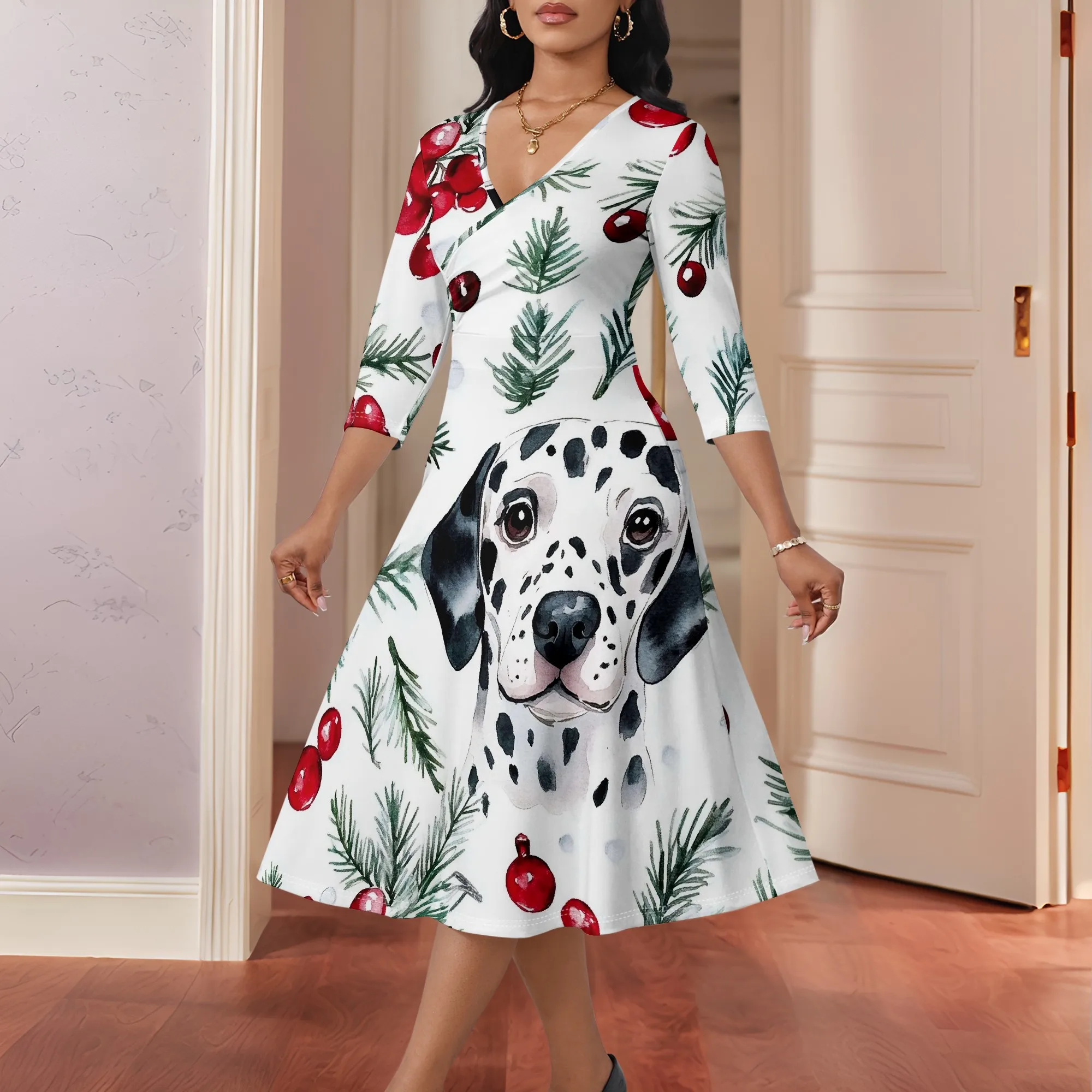 Christmas Dog Print Midi Dress for Women XS-3XL 2025 V Neck Holiday Party Dress with Dalmatian and Pine Tree Design
Christmas Dog Print Midi Dress for Women XS-3XL 2025 V Neck Holiday Party Dress with Dalmatian and Pine Tree Design