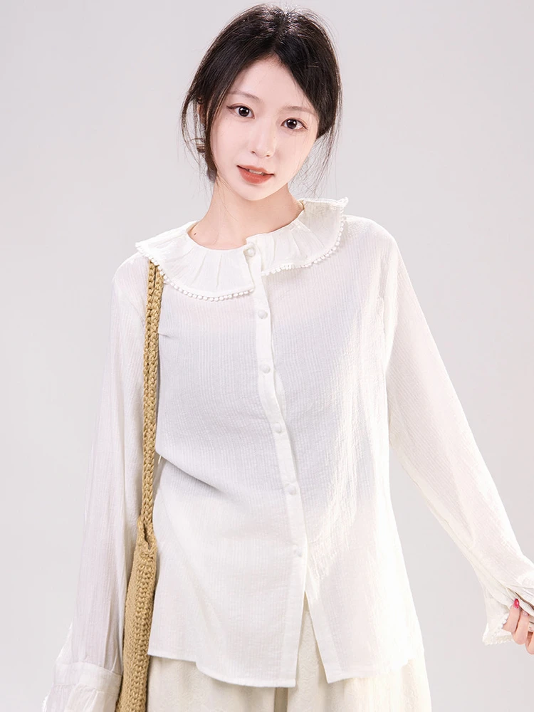 Sweet Fre Sle Long Sve Embroidered Ruffle Collar Texture White irt Women's Loose Fit Cotton Button up Office Wear
Sweet Fre Sle Long Sve Embroidered Ruffle Collar Texture White irt Women's Loose Fit Cotton Button up Office Wear