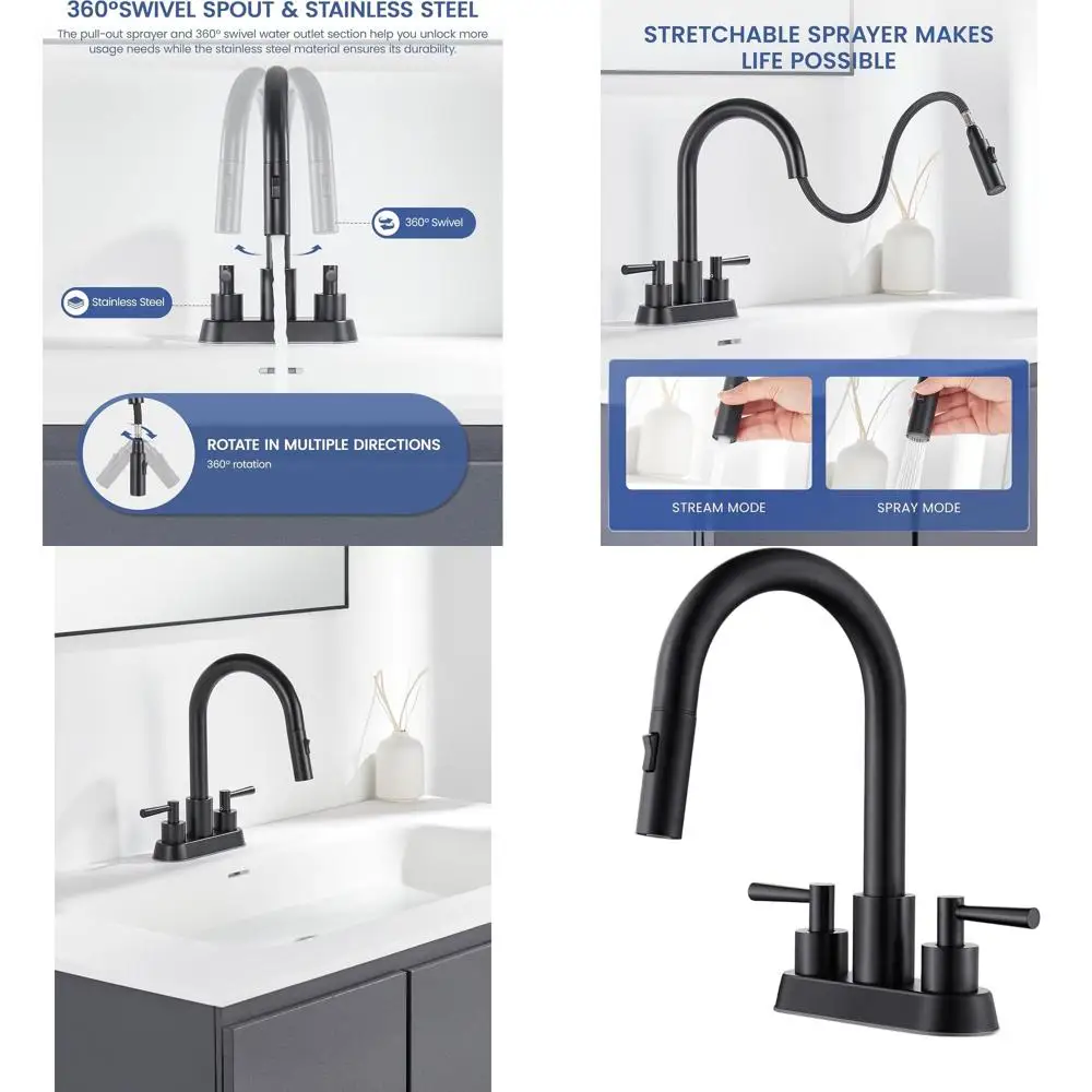 2-Handle Matte Black Pull-Out Spray Faucet, 4 Spout, 3-Hole Mount, 360° Swivel, with Pop-Up Drain
2-Handle Matte Black Pull-Out Spray Faucet, 4 Spout, 3-Hole Mount, 360° Swivel, with Pop-Up Drain