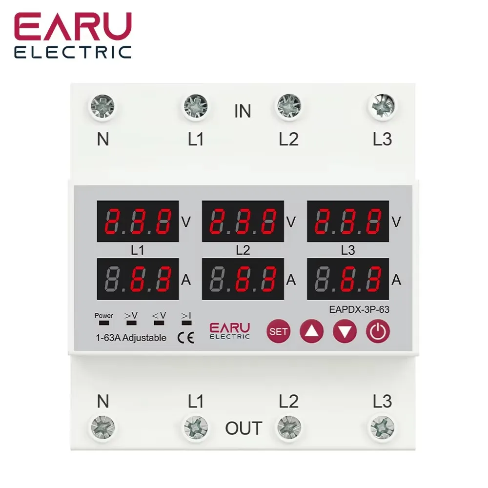 Three Phase Voltage Current Adjustable Over Under Voltage Current Limit Protection Relay Protector 3*220V 380V 63A 100A Din Rail
Three Phase Voltage Current Adjustable Over Under Voltage Current Limit Protection Relay Protector 3*220V 380V 63A 100A Din Rail