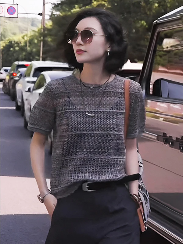 Retro Hollow out Ice Silk round Neck Short Sleeve Knitted Sweater Women's Loose Slimming Summer Top Fashionable Youthful
Retro Hollow out Ice Silk round Neck Short Sleeve Knitted Sweater Women's Loose Slimming Summer Top Fashionable Youthful