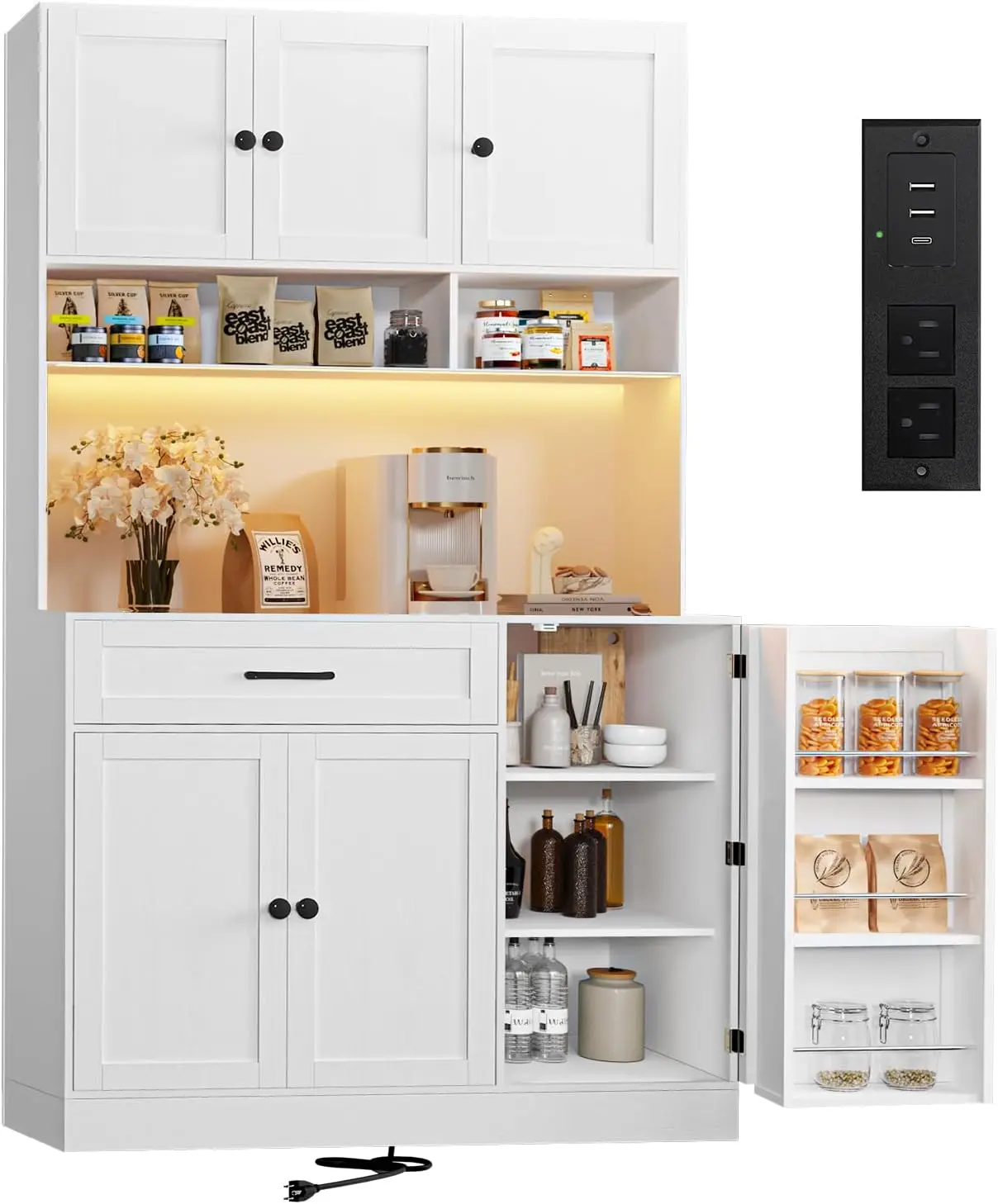 72" Pantry Cabinet with LED Light and Charging Station Tall Pantry Storage Cabinet with Adjustable Shelves and Door Shelves
72" Pantry Cabinet with LED Light and Charging Station Tall Pantry Storage Cabinet with Adjustable Shelves and Door Shelves
