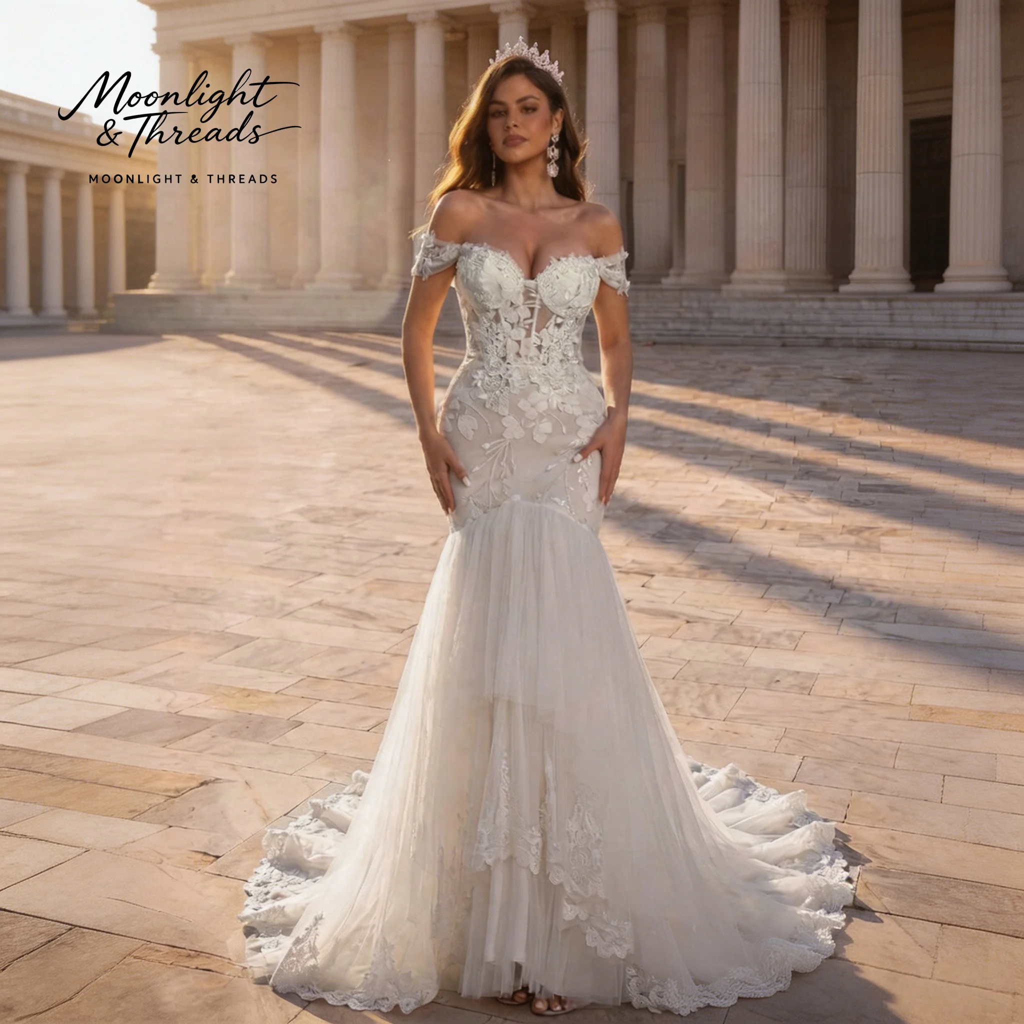 Ivory off-the-shoulder strapless mermaid floor-length formal wedding gown featuring draping boning and embroidery
Ivory off-the-shoulder strapless mermaid floor-length formal wedding gown featuring draping boning and embroidery