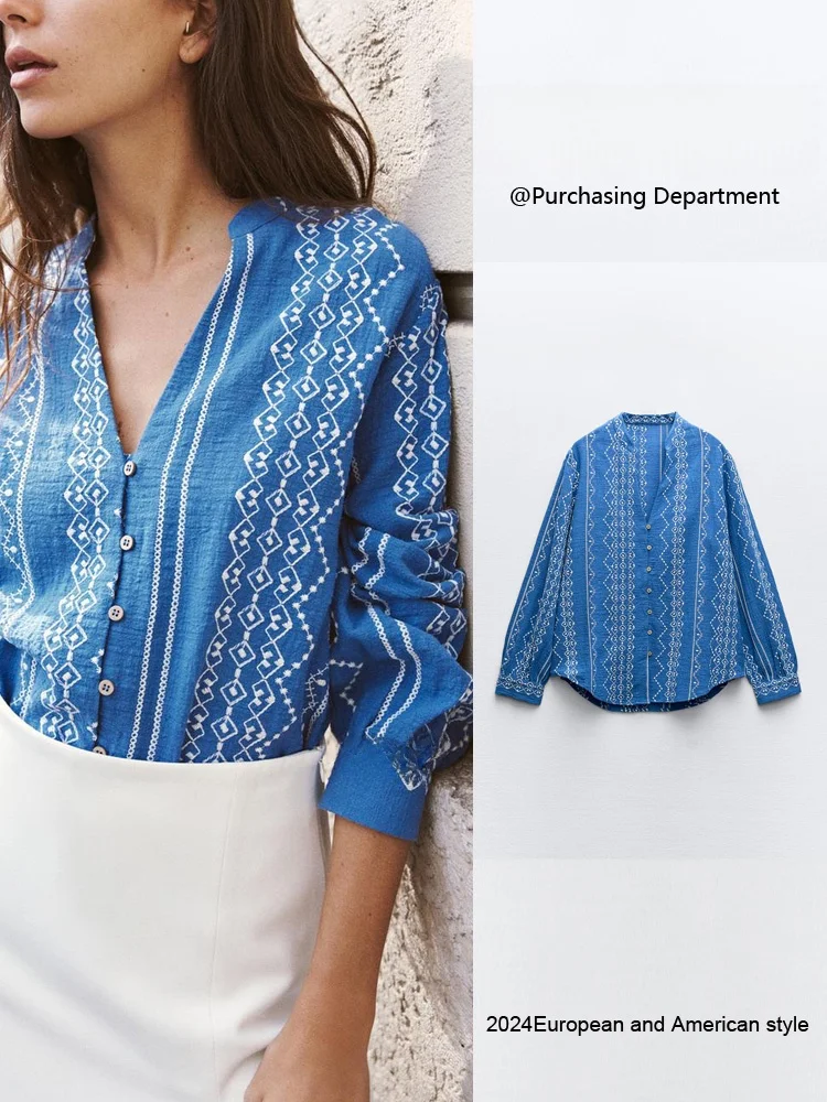 Новый летний женский повседневный женский топ с v-образным вырезом и вышивкой Long Sve irt для поездок на работу, с прямым вырезом и воротником на пуговицах 
Новый летний женский повседневный женский топ с v-образным вырезом и вышивкой Long Sve irt для поездок на работу, с прямым вырезом и воротником на пуговицах