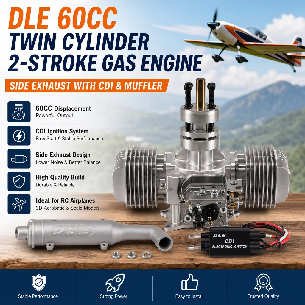 DLE 60CC Gas Engine Twin Cylinder Two Stroke Side Exhaust with CDI & Muffler
DLE 60CC Gas Engine Twin Cylinder Two Stroke Side Exhaust with CDI & Muffler