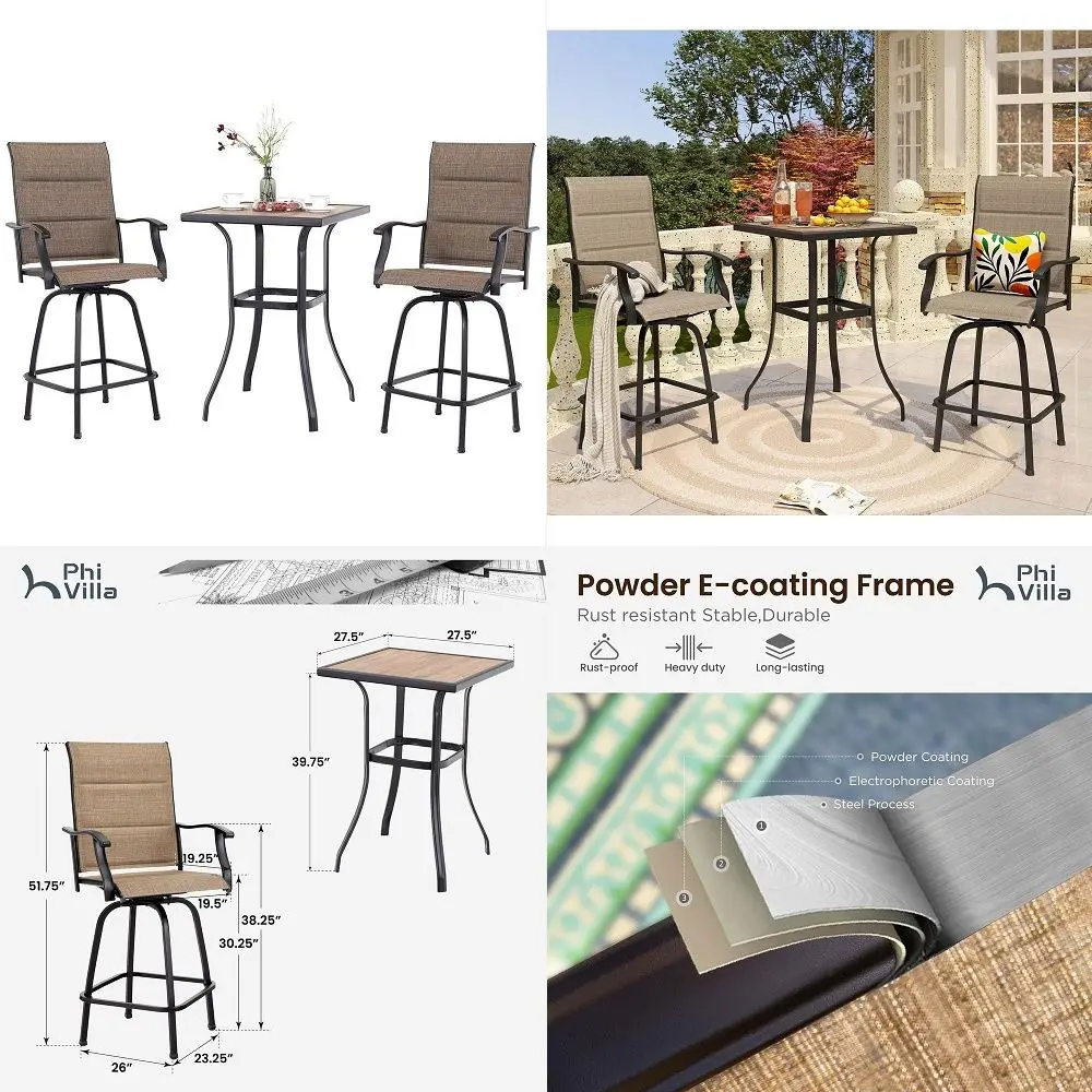 3 Piece Outdoor Swivel Bar Stools Set, Bar Height Patio Set with 2 Padded Textilene Fabric Chairs, AllWeather High Top Patio Bi
3 Piece Outdoor Swivel Bar Stools Set, Bar Height Patio Set with 2 Padded Textilene Fabric Chairs, AllWeather High Top Patio Bi