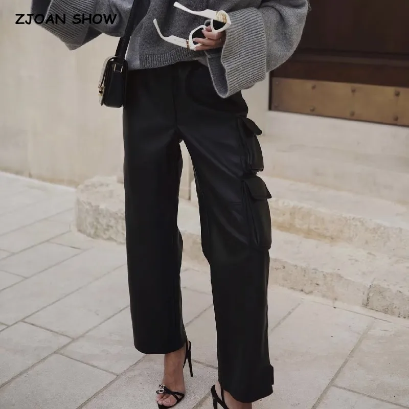 CHIC Autumn Black Elastic Waist Side Pockets PU Leather Safari Pants Woman Loose Full Length Straight Trousers Casual Bottom
CHIC Autumn Black Elastic Waist Side Pockets PU Leather Safari Pants Woman Loose Full Length Straight Trousers Casual Bottom
