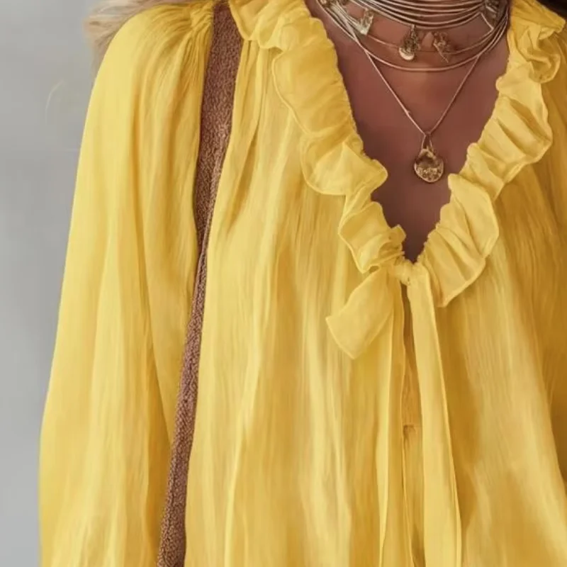 Women Chiffon Tops, Ruffle Splicing Collar Loose Fit Shirt, Lantern Long Sleeve Sun Protection Tops for Everyday Wear
Women Chiffon Tops, Ruffle Splicing Collar Loose Fit Shirt, Lantern Long Sleeve Sun Protection Tops for Everyday Wear