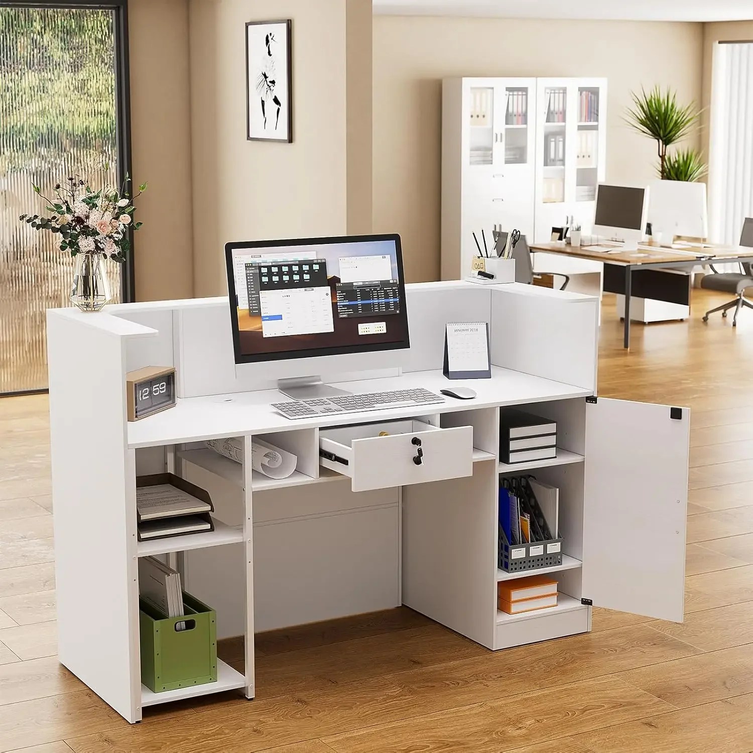 63-Zoll-Empfangstheke, Rezeption mit RGB-LED-Leuchten, moderner Empfangstresen mit Theke und abschließbarer Schublade
63-Zoll-Empfangstheke, Rezeption mit RGB-LED-Leuchten, moderner Empfangstresen mit Theke und abschließbarer Schublade