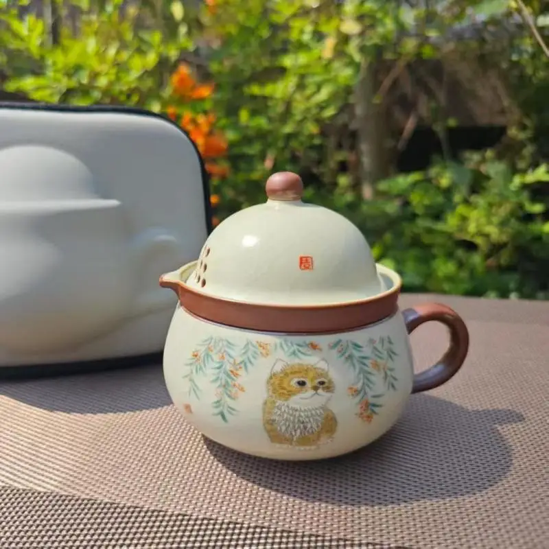 Цзиндэчжэньская керамика, ручная роспись, кошачий чайник, китайский чайник и набор чашек для церемонии чая для 1-го человека, путешествия, кунг-фу, чайники