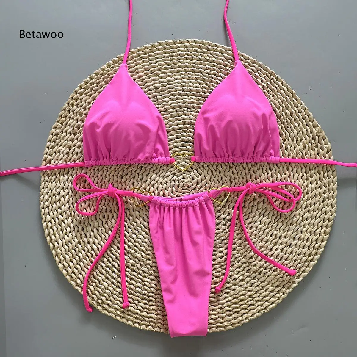 Vibrant Pink Halter String Tie Heart Accent Bikini Outfit
Vibrant Pink Halter String Tie Heart Accent Bikini Outfit