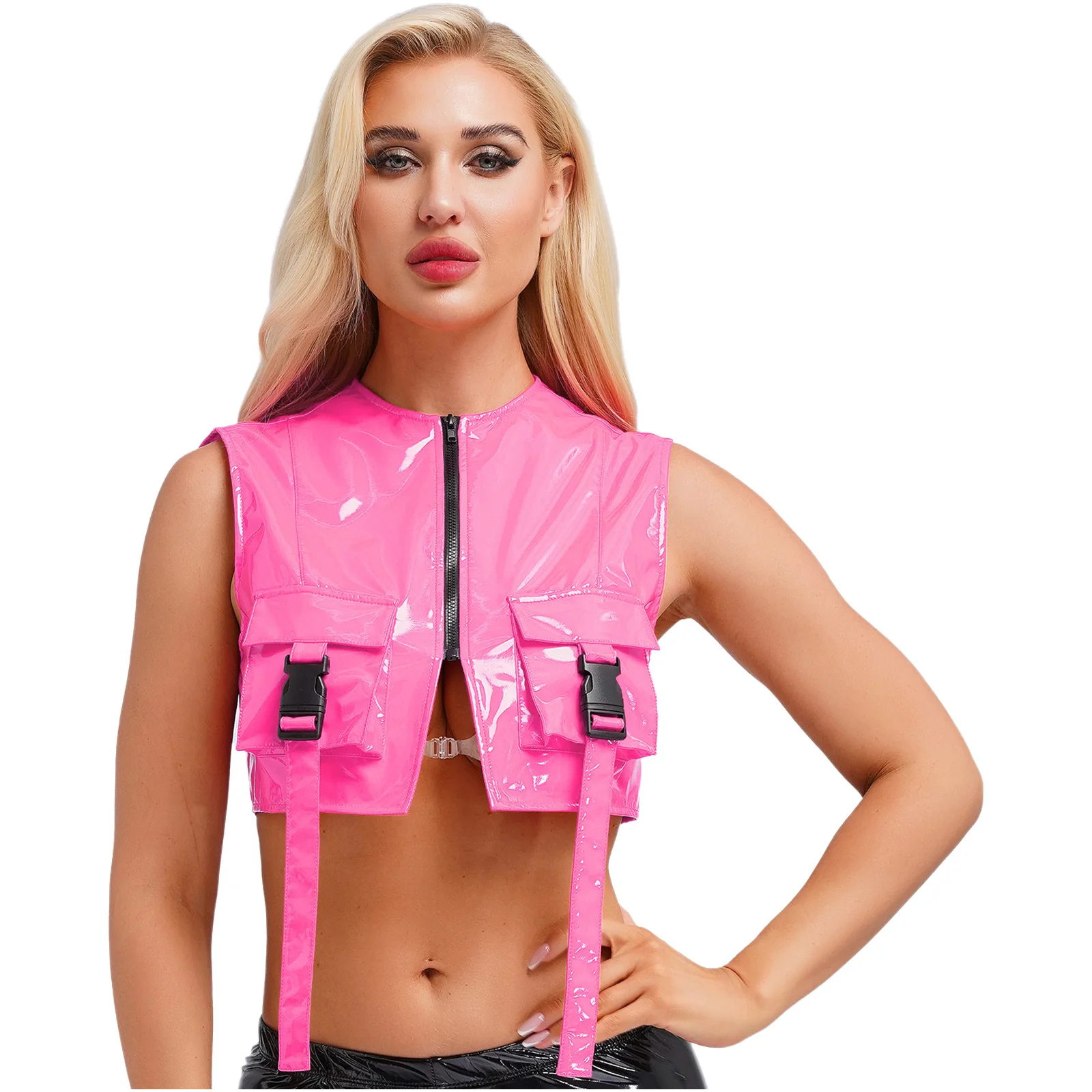 Women Glossy Patent Leather Cropped Vest Party Club Rave Carnival Costume Wet Look Buckle Zip Up Jacket Cargo Tops with Pockets
Women Glossy Patent Leather Cropped Vest Party Club Rave Carnival Costume Wet Look Buckle Zip Up Jacket Cargo Tops with Pockets