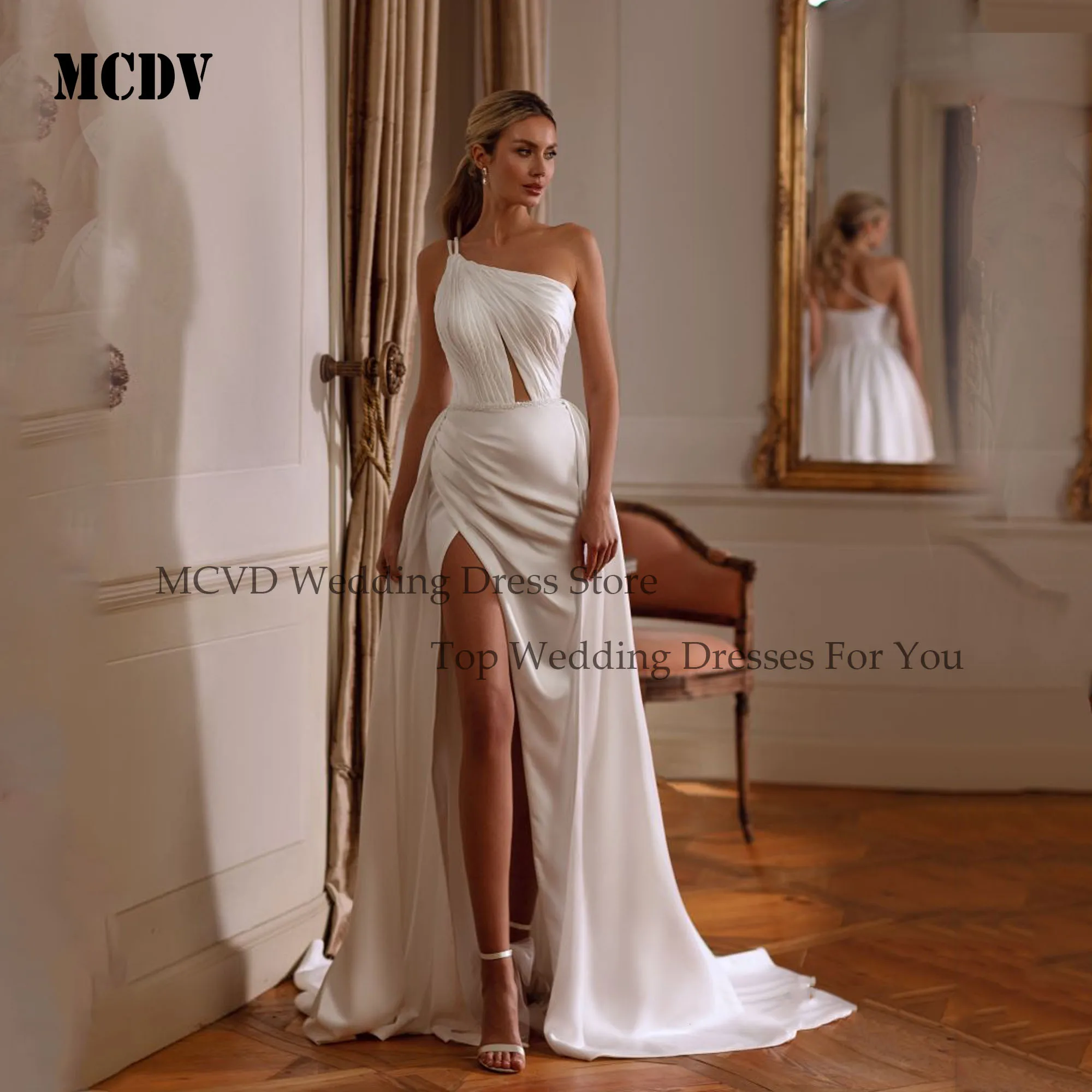 MCDV One Shoulder Pleat Wedding Dress Mermaid Satin High Split Sleeveless Bride Gowns Women Customized Sexy vestidos de novia
MCDV One Shoulder Pleat Wedding Dress Mermaid Satin High Split Sleeveless Bride Gowns Women Customized Sexy vestidos de novia
