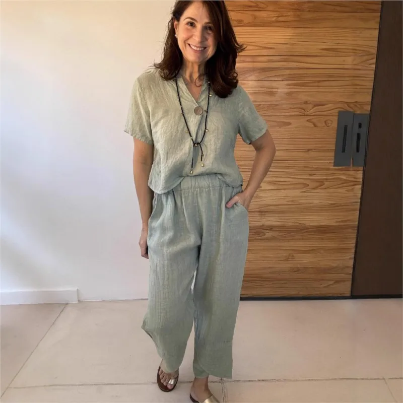 Leisure Simple Solid 2 Piece Set For Women Spring V Neck Blouse Top & Long Pant Suits Summer Short-sleeved T Shirt Woman Outfit
Leisure Simple Solid 2 Piece Set For Women Spring V Neck Blouse Top & Long Pant Suits Summer Short-sleeved T Shirt Woman Outfit